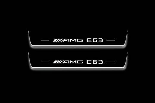 Mercedes-Benz E-Class Sedan W213 2016–2023 — Stainless Steel LED Door Sills — AMG E63 Logo