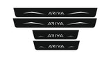Four black-finished door sill plates with Ariya lettering and angular graphics on a white background, straight-on view.