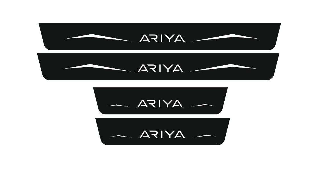 Four black-finished door sill plates with Ariya lettering and angular graphics on a white background, straight-on view.