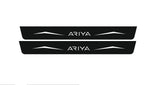 Two long black-finished door sill plates with Ariya lettering and angular graphics on a white background.