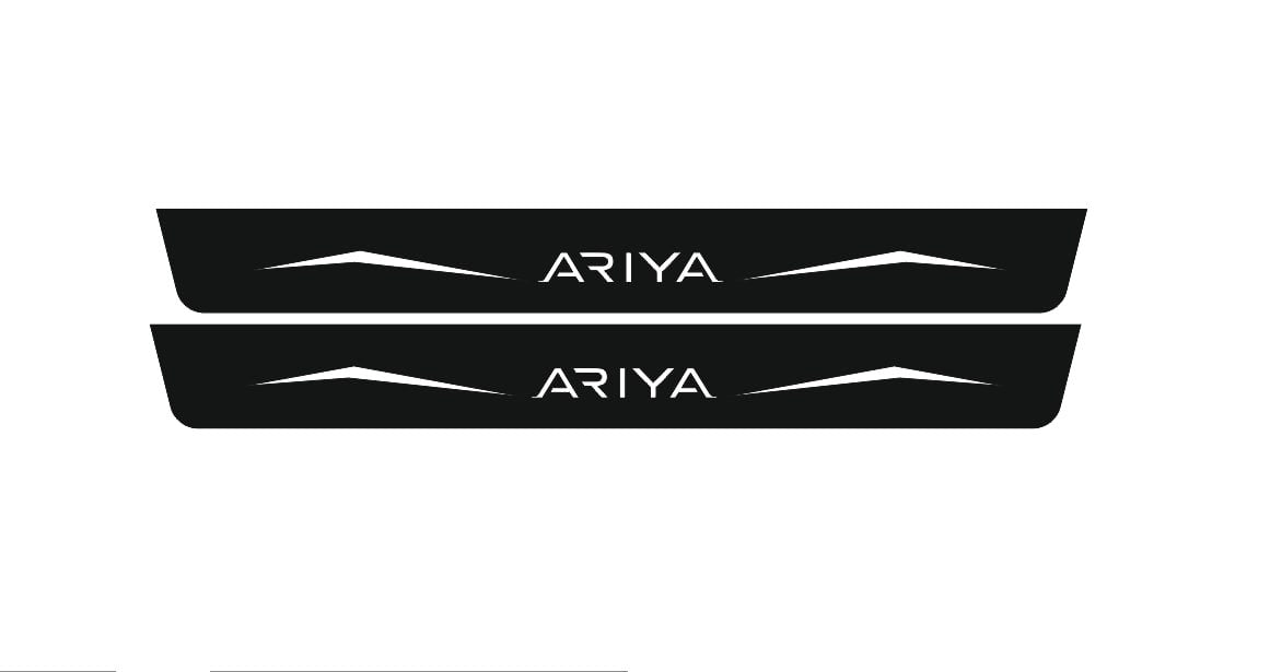 Two long black-finished door sill plates with Ariya lettering and angular graphics on a white background.