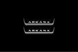 Two short door sill plates with Arkana lettering and edges illuminated in white, straight-on view on a dark background.