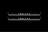 Two long door sill plates with Arkana lettering and edges illuminated in white, straight-on view on a dark background.