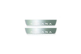 Two short silver-finished door sill plates with Arkana lettering on a light background, straight-on view.