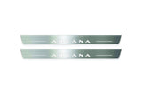 Two long silver-finished door sill plates with Arkana lettering on a light background, straight-on view.