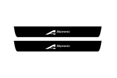 Catalog illustration of two black front door sill plates with A-Spec lettering.
