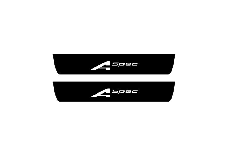 Acura MDX IV 2021+ LED door sill plates in matte black coated stainless steel with A-Spec logo