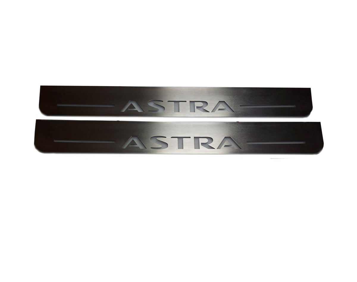 Opel Astra H 2004+ LED door sill plates in stainless steel with Astra logo