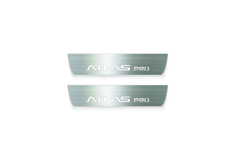 Geely Atlas Pro 2022+ entry guards in stainless steel with Atlas Pro logo