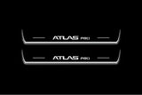 LED door sill plates Geely Atlas Pro 2022+ in stainless steel with Atlas Pro logo