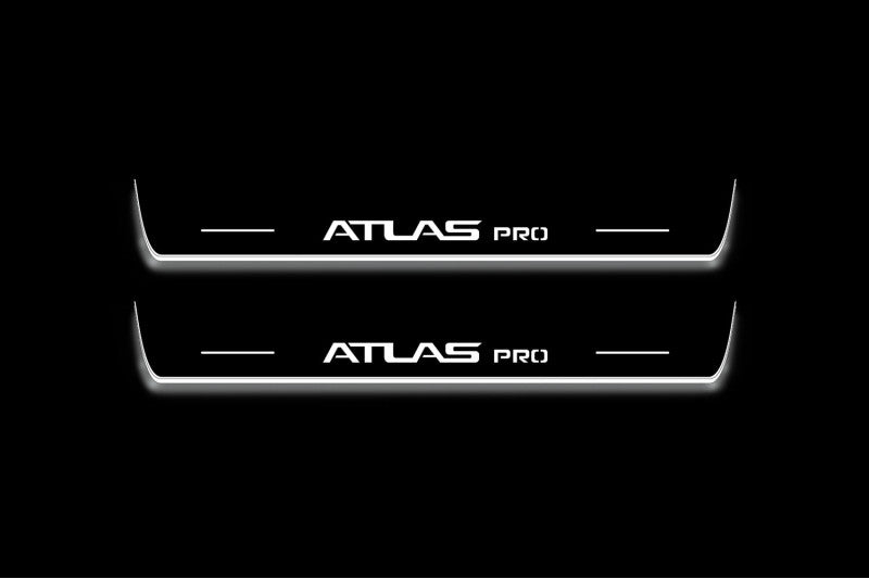 LED door sill plates Geely Atlas Pro 2022+ in stainless steel with Atlas Pro logo