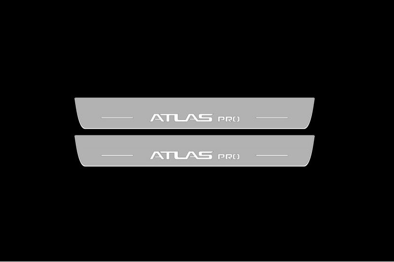 Illuminated LED Door Sill Tread Plates Geely Atlas Pro 2022+ With Atlas Pro Logo Geely Led Door Sills opdesign