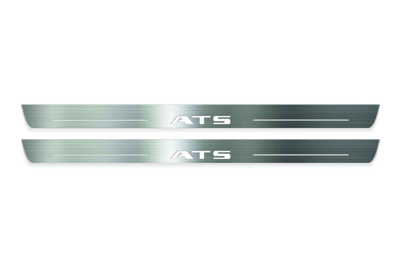 Cadillac ATS Coupe 2015+ LED door sill plates in stainless steel with ATS logo