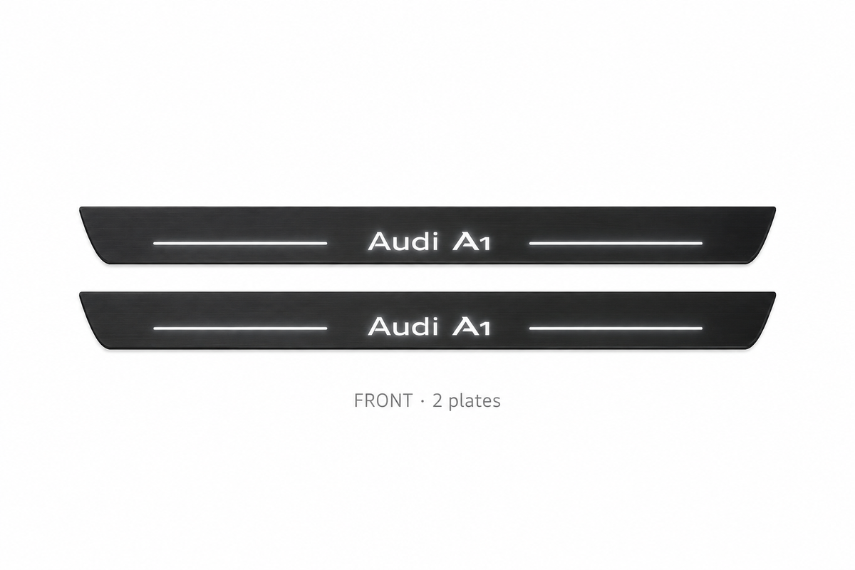 Audi A1 8X Matte PRO catalogue illustration: two black FRONT plates with illuminated Audi A1 lettering on white