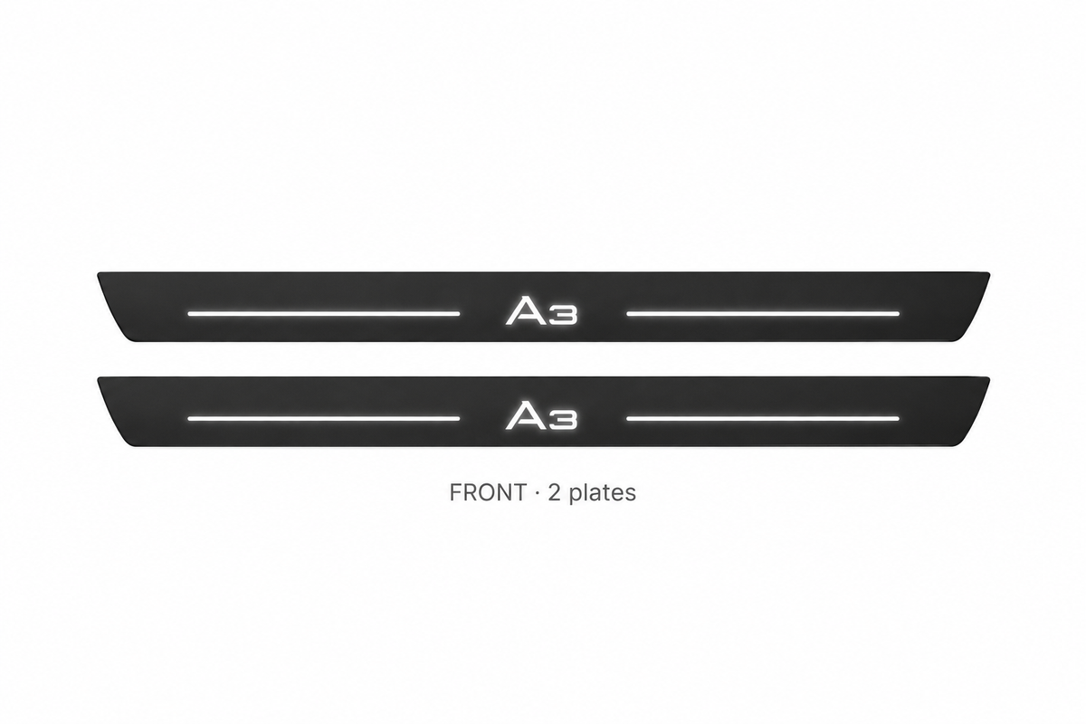 Audi A3 8V Matte PRO catalogue illustration: two black FRONT plates with illuminated A3 lettering on white
