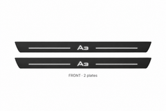 Audi A3 8V Matte PRO catalogue illustration: two black FRONT plates with illuminated A3 lettering on white