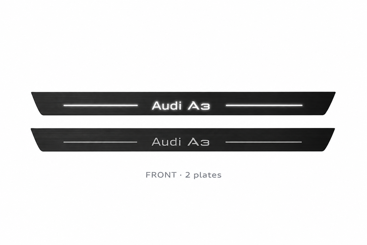 Audi A3 8V Matte PRO catalogue illustration: two black FRONT plates with illuminated Audi A3 lettering on white