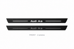 Audi A3 8V Matte PRO catalogue illustration: two black FRONT plates with illuminated Audi A3 lettering on white