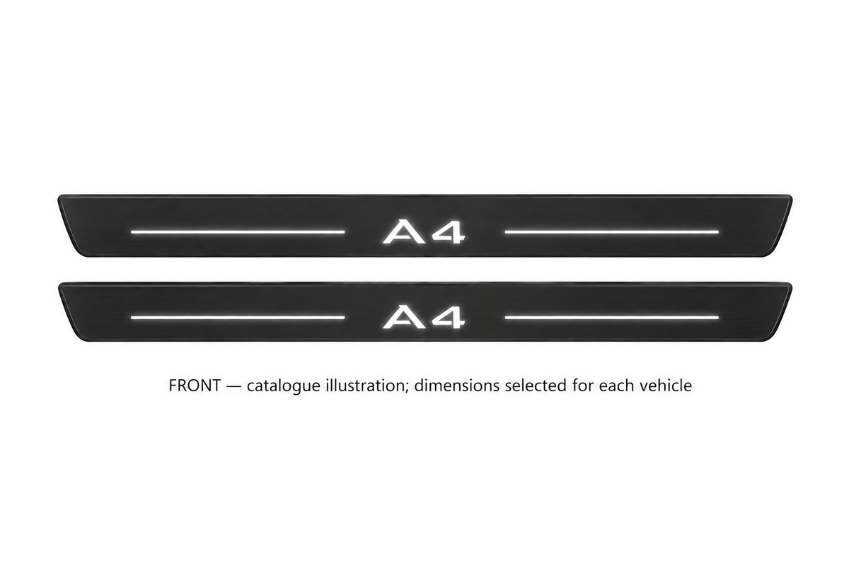 Audi A4 Avant 8K Matte PRO catalogue illustration: two flat black FRONT plates with illuminated A4 lettering and top lines on white background; dimensions selected for the vehicle.