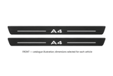 Audi A4 Avant 8K Matte PRO catalogue illustration: two flat black FRONT plates with illuminated A4 lettering and top lines on white background; dimensions selected for the vehicle.