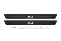 Audi A4 Avant 8K Matte PRO catalogue illustration: two flat black FRONT plates with illuminated A4 lettering and top lines on white background; dimensions selected for the vehicle.