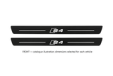 Audi A4 Avant 8K Matte PRO catalogue illustration: two flat black FRONT plates with illuminated S4 lettering and top lines on white background; dimensions selected for the vehicle.