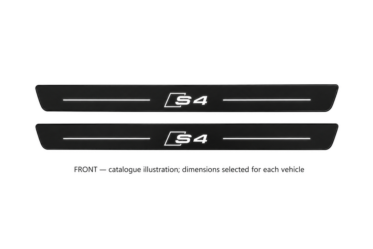 Audi A4 Avant 8K Matte PRO catalogue illustration: two flat black FRONT plates with illuminated S4 lettering and top lines on white background; dimensions selected for the vehicle.
