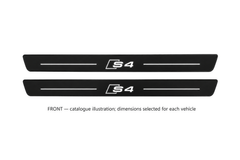 Audi A4 Avant 8K Matte PRO catalogue illustration: two flat black FRONT plates with illuminated S4 lettering and top lines on white background; dimensions selected for the vehicle.