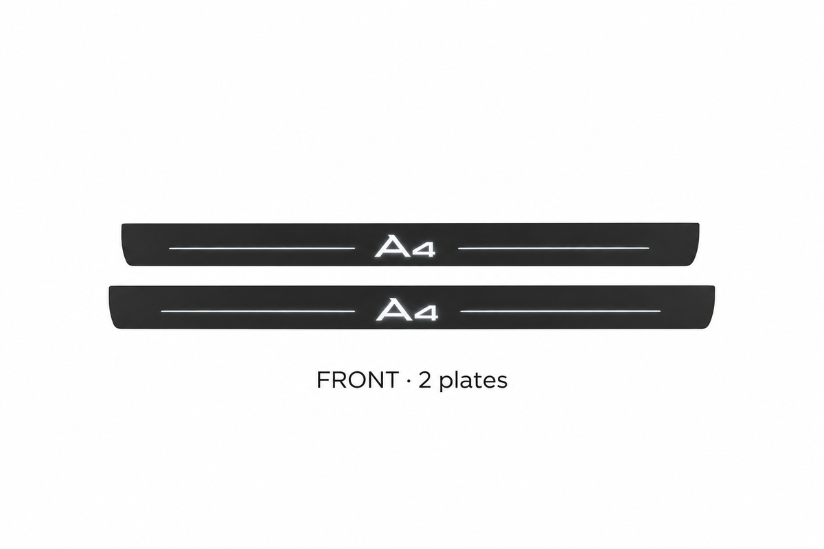 Audi A4 Sedan 8K2 Matte PRO catalogue illustration: two black FRONT plates with illuminated A4 lettering on white