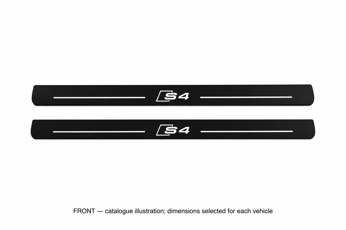 Audi A4 Sedan 8K2 Matte PRO catalogue illustration: two flat black FRONT plates with illuminated S4 lettering and top lines on white; not exact dimensions