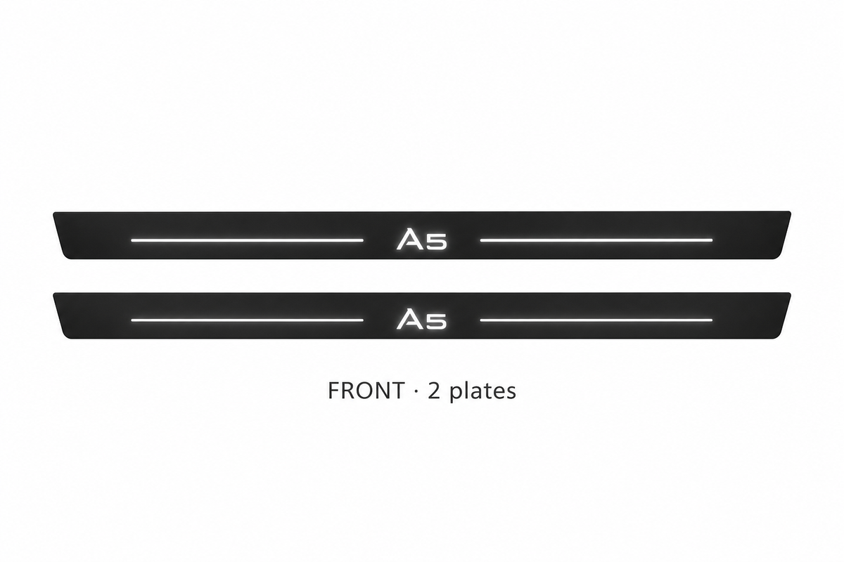 Audi A5 I Matte PRO catalogue illustration: two black FRONT plates with illuminated A5 lettering on white