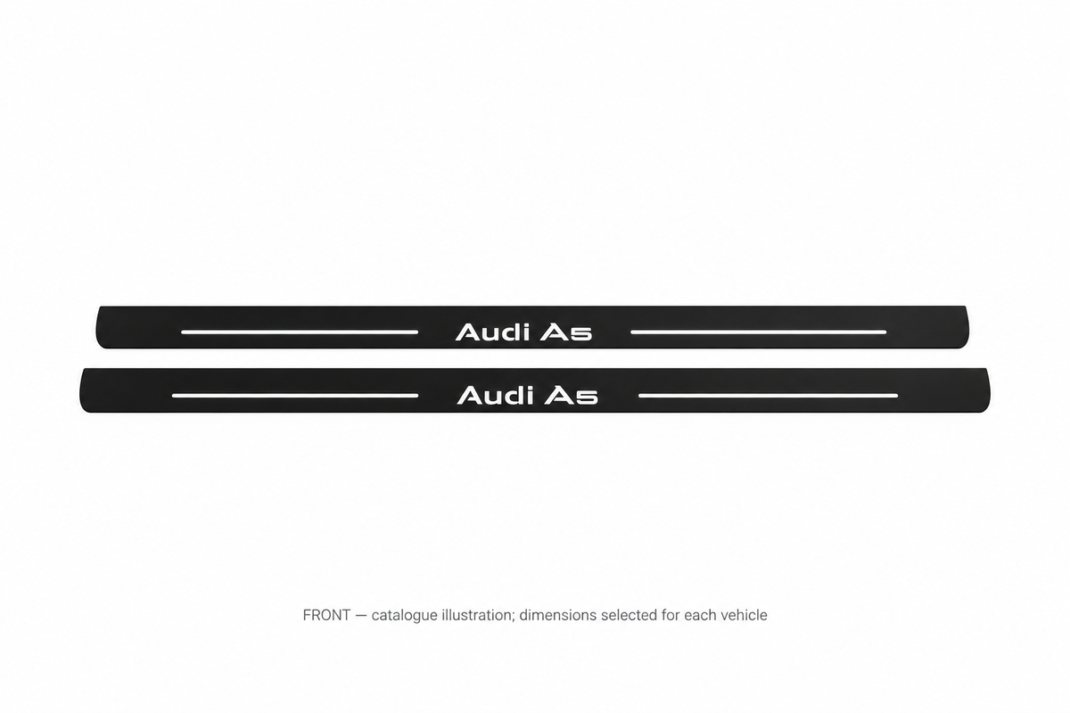 Audi A5 I Matte PRO catalogue illustration: two flat black FRONT plates with illuminated Audi A5 lettering and top lines on white; not exact dimensions