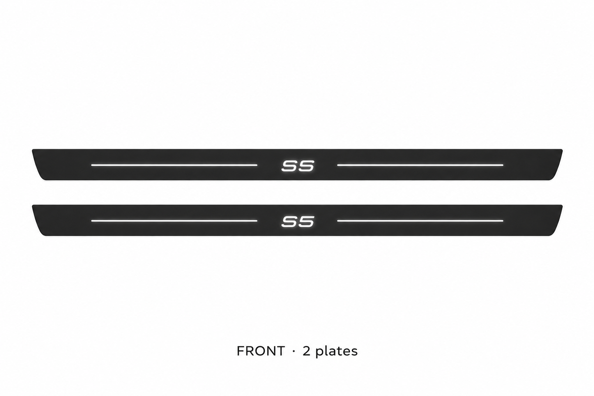 Audi A5 I Matte PRO catalogue illustration: two black FRONT plates with illuminated S5 lettering on white