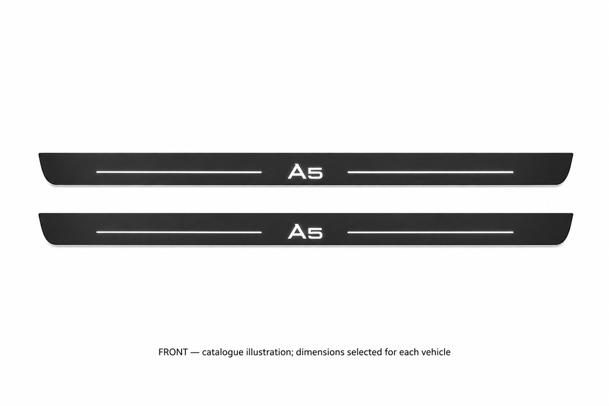 Audi A5 II F5 Matte PRO catalogue illustration: two flat black FRONT plates with illuminated A5 lettering and top lines on white; not exact dimensions