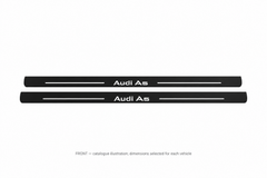 Audi A5 II F5 Matte PRO catalogue illustration: two flat black FRONT plates with illuminated Audi A5 lettering and top lines on white; not exact dimensions