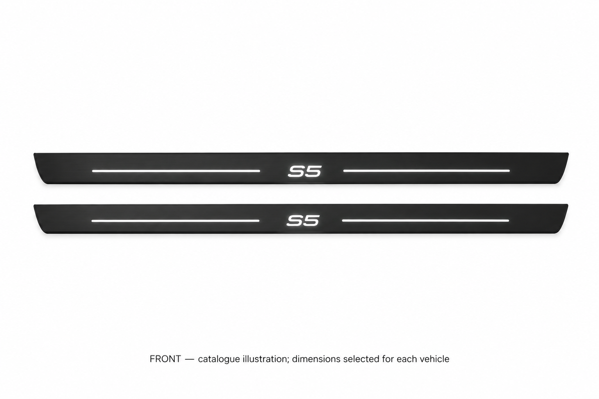 Audi A5 II F5 Matte PRO catalogue illustration: two flat black FRONT plates with illuminated S5 lettering and top lines on white; not exact dimensions