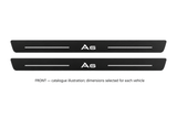 Audi A6 Avant 4G Matte PRO catalogue illustration: two flat black FRONT plates with illuminated A6 lettering and top lines on white background; dimensions selected for the vehicle.