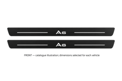 Audi A6 Avant 4G Matte PRO catalogue illustration: two flat black FRONT plates with illuminated A6 lettering and top lines on white background; dimensions selected for the vehicle.