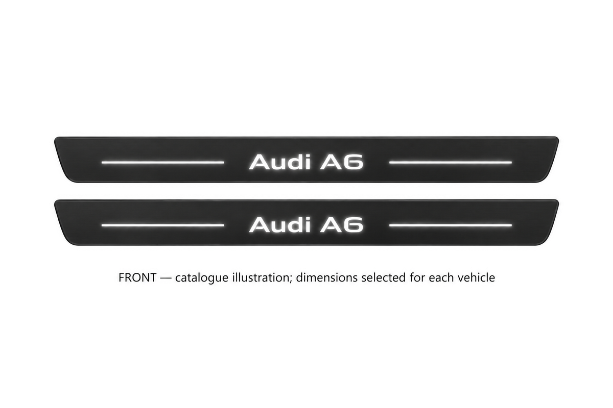 Matte PRO catalogue illustration showing two FRONT plates with illuminated Audi A6 lettering on a white background; Audi A6 Avant 4G dimensions are selected during manufacture; rear plates are not pictured.
