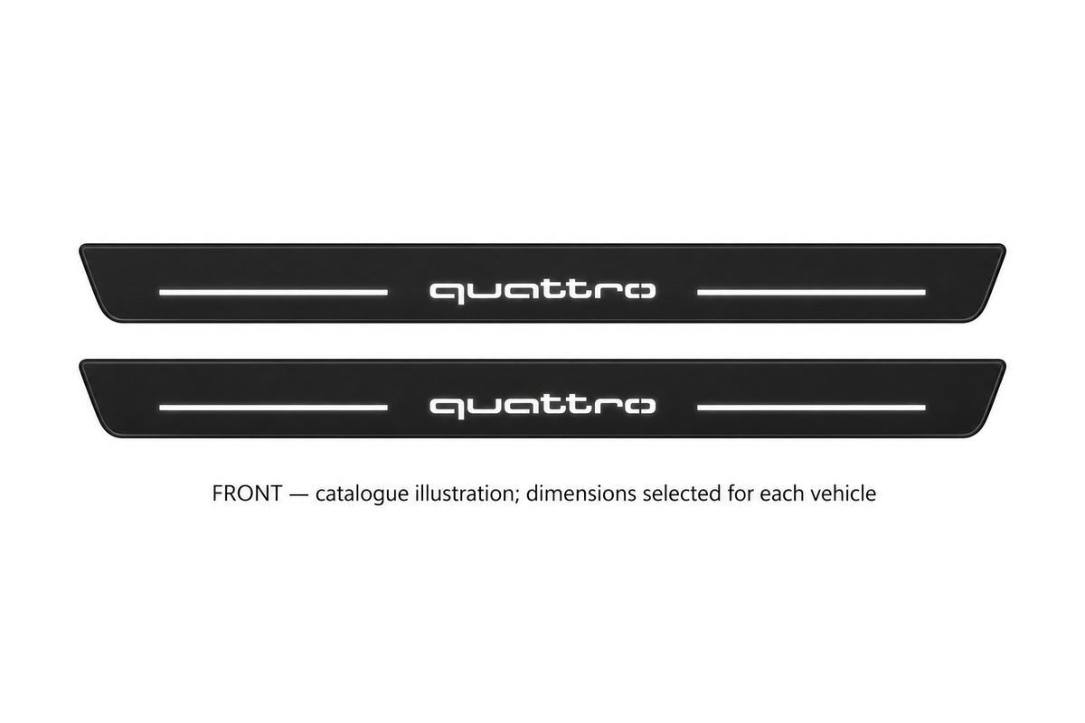 Matte PRO catalogue illustration showing two FRONT plates with illuminated Quattro lettering on a white background; Audi A6 Avant 4G dimensions are selected during manufacture; rear plates are not pictured.
