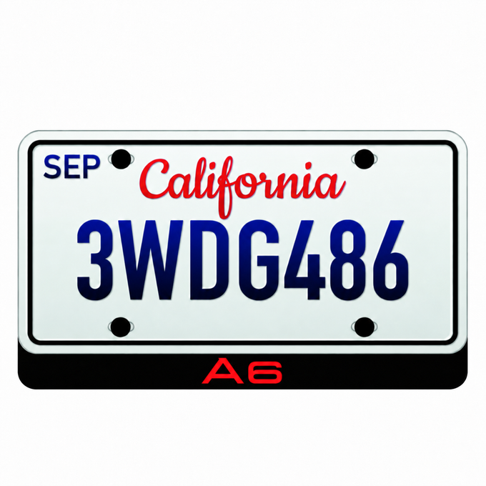 Audi A6 illuminated LED badge beneath an illustrative US license plate; plate not included