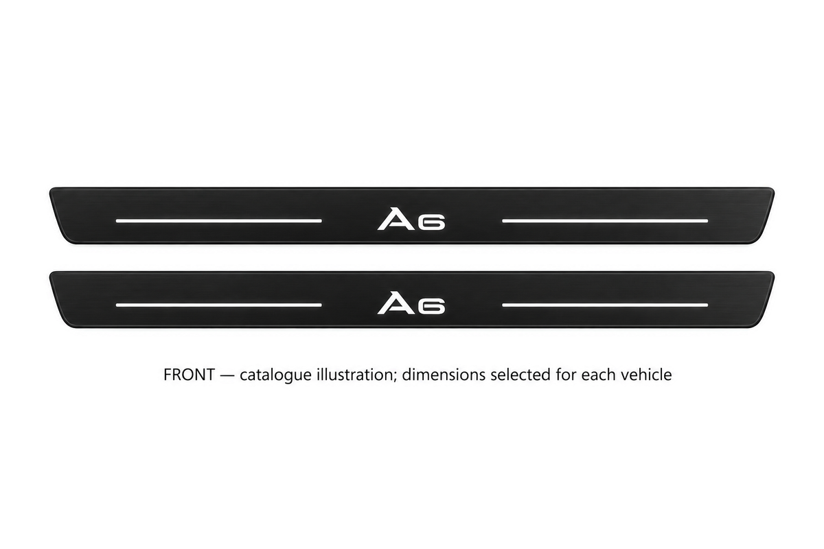 Audi A6 Sedan 4A2 Matte PRO catalogue illustration: two flat black FRONT plates with illuminated A6 lettering and top lines on white background; dimensions selected for the vehicle.