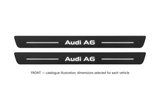 Audi A6 Sedan 4A2 Matte PRO catalogue illustration: two flat black FRONT plates with illuminated Audi A6 lettering and top lines on white background; dimensions selected for the vehicle.