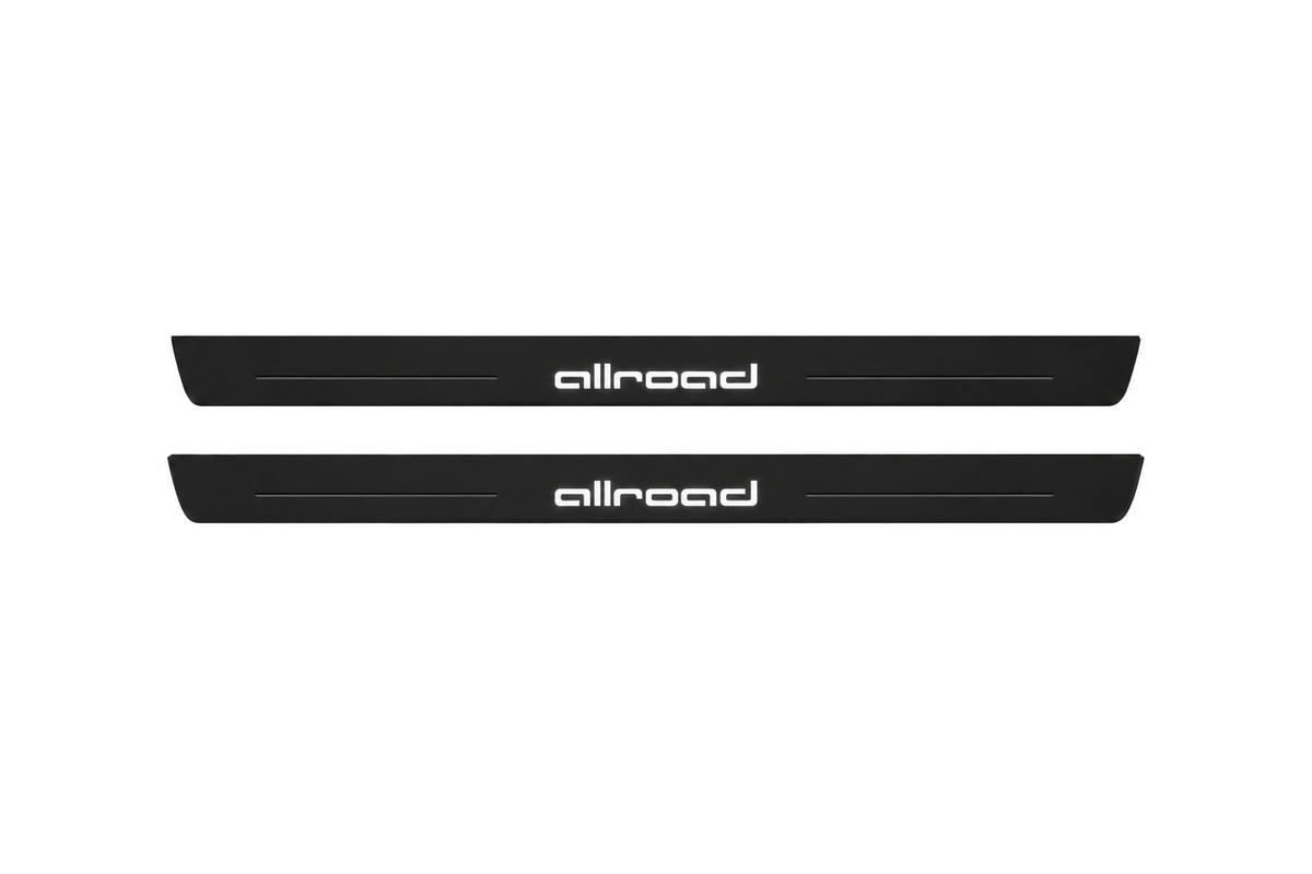 Matte PRO catalogue illustration showing two FRONT plates with illuminated Allroad lettering on a white background; Audi A6 Sedan 4F2 dimensions are selected during manufacture; rear plates are not pictured.