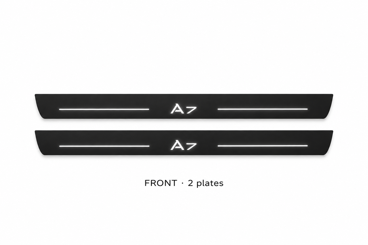Audi A7 Sportback 4G8 Matte PRO catalogue illustration: two black FRONT plates with illuminated A7 lettering on white