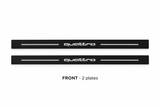 Audi A7 4G8 Matte PRO catalogue illustration: two flat black FRONT plates with illuminated quattro lettering and top lines on white; not exact dimensions