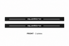 Audi A7 4G8 Matte PRO catalogue illustration: two flat black FRONT plates with illuminated quattro lettering and top lines on white; not exact dimensions