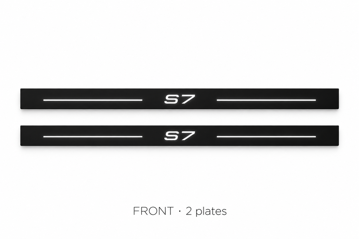 Audi A7 4G8 Matte PRO catalogue illustration: two flat black FRONT plates with illuminated S7 lettering and top lines on white; not exact dimensions