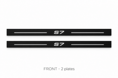 Audi A7 4G8 Matte PRO catalogue illustration: two flat black FRONT plates with illuminated S7 lettering and top lines on white; not exact dimensions