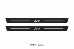 Audi A7 4K8 Matte PRO catalogue illustration: two flat black FRONT plates with illuminated A7 lettering and top lines on white; not exact dimensions